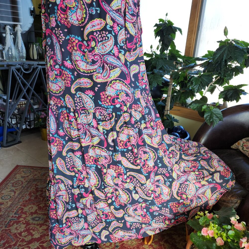 Emily Wonder Black Paisley Ruffle Dress Maxi  Boho size L - Picture 4 of 14